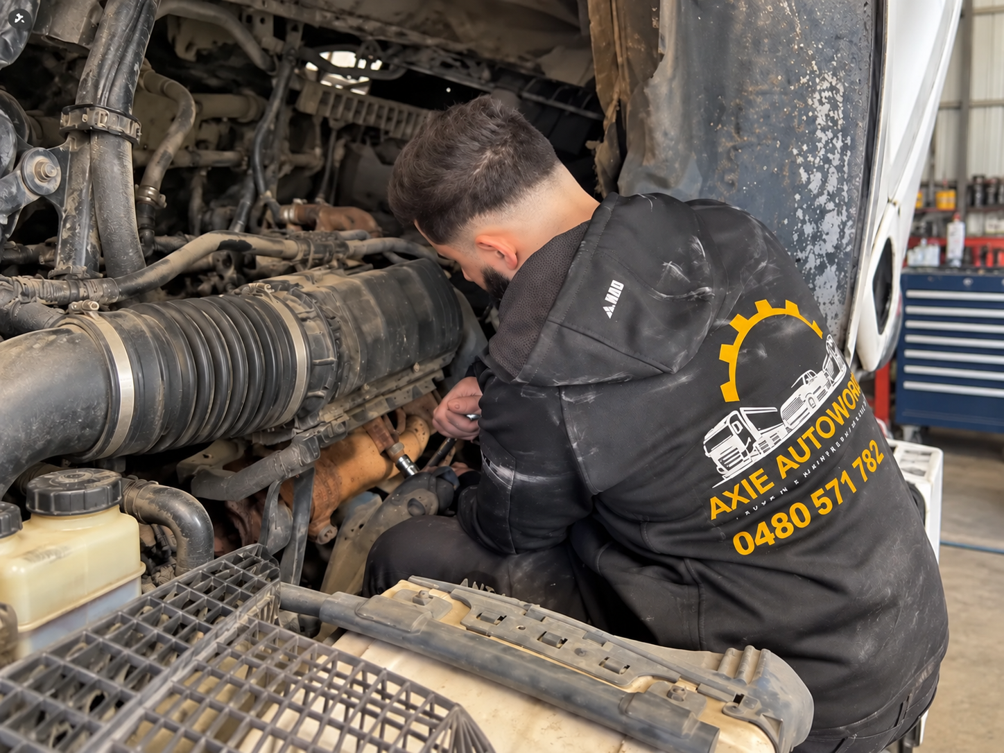 Mechanic from Axie Autoworks working on a truck engine