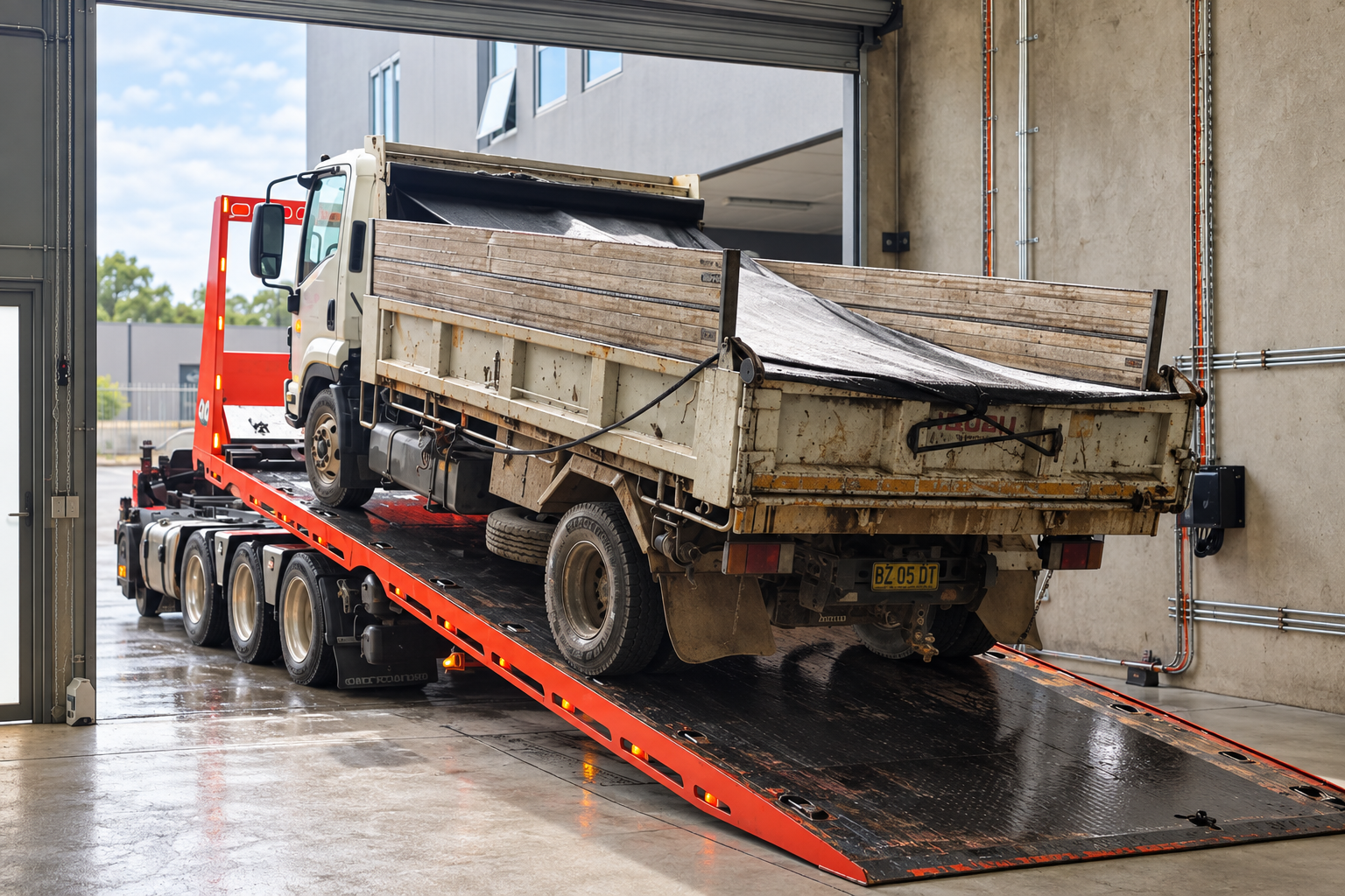 Truck with its front panels removed for mechanical repairs in a workshop